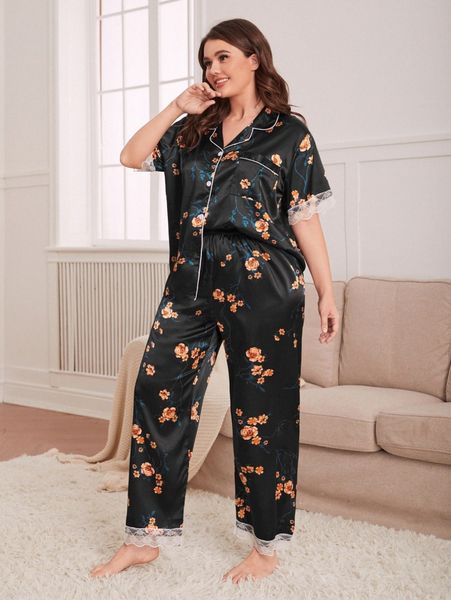 

plus floral print lace trim satin blouse & pants pj set v0rr#, Black;white