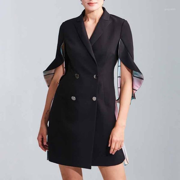 

yalee] new fashion 2019 summer autumn double breasted stitching printed pleated irregular long loose coat women a8221, Black;brown