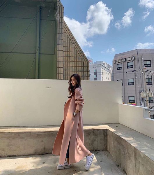 

1south korea east gate autumn / winter 2020 new split double side cashmere women's medium long pink woolen coat8uy, Black