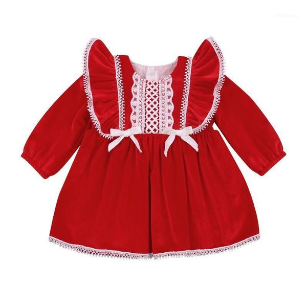 

girl's dresses christmas infant baby girl kids red princess dress lace ruffles long sleeve bowknot a-line party wear for girls 0-4years, Red;yellow