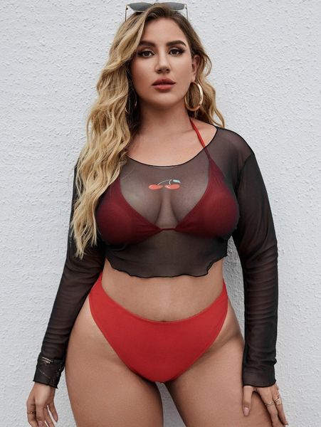 

3pack plus triangle high waisted bikini swimsuit & cover up o3q9#, Black