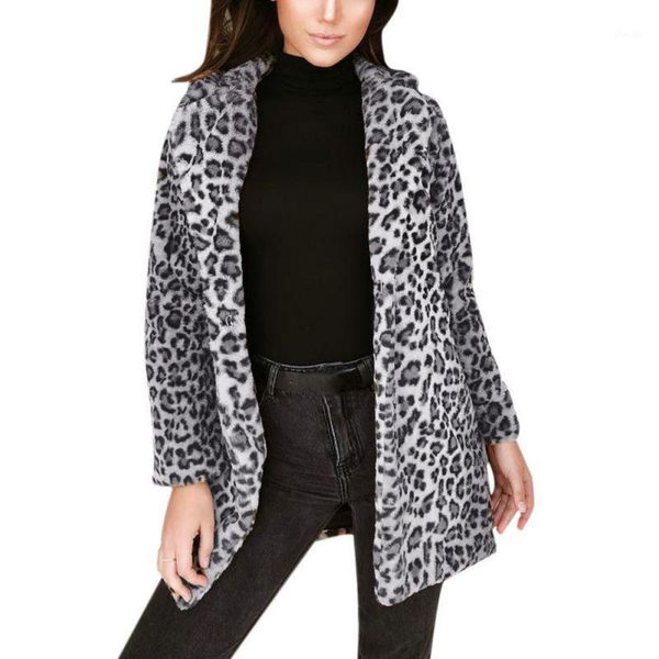 

2019 fashion long sleeve loose turn-down collar outerwear leopard print coat women winter coat1, Black