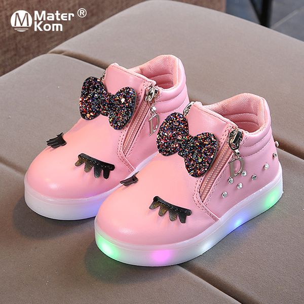

size 21-30 children glowing sneakers kid princess bow for girls led shoes cute baby sneakers with light shoes krasovki luminous 1029, Black;red