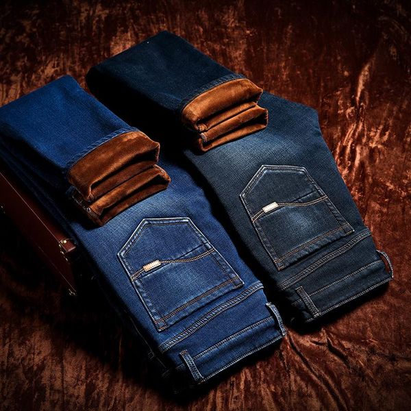 

shan bao classic pocket leather high-quality flannel fleece thick warm men straight-fit jeans winter brand clothing youth jeans, Blue