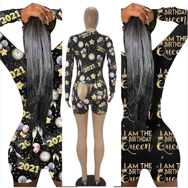 

women i am the birthday queen 2021 letters bodysuit jumpsuit rompers open back shorts long sleeve jumpsuit one piece pants oneises e122901, White