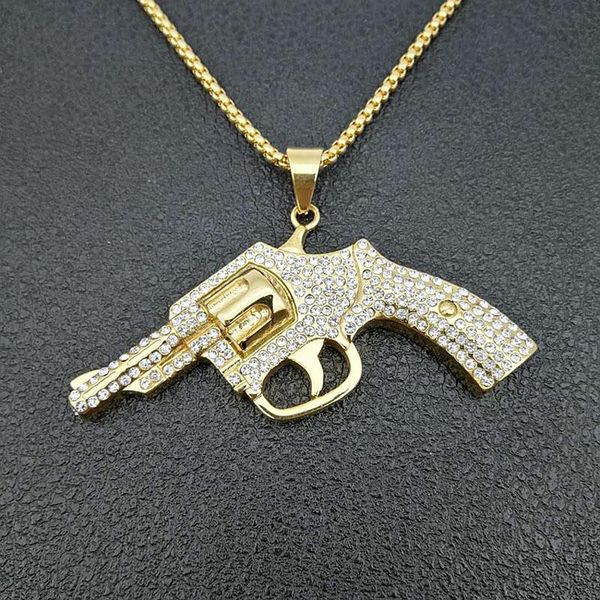 

316 stainless steel gold color crystalss submachine gun hiphop revolver pendant necklace jewelry accessories, Silver