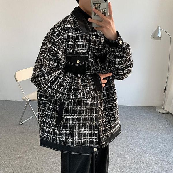 

men's jackets korean style plaid jacket fashion retro casual men streetwear wild loose autumn short chain coat mens m-xl, Black;brown