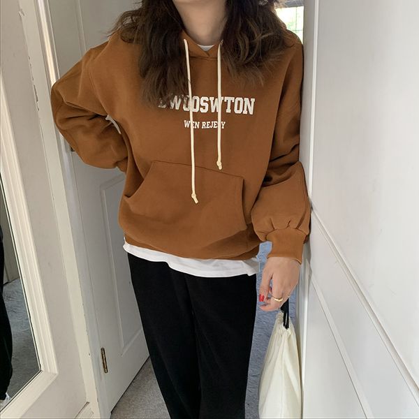 

huang zheng letter printing hooded and velvet sweater women's winter 2020 korean loose and simple casual w88464, Black