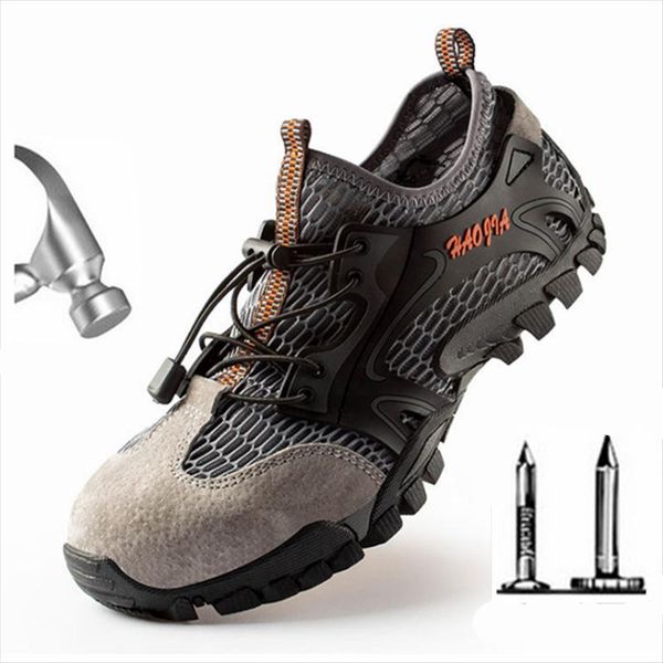 

summer work safety shoes men steel toe cap outdoor climbing safety boots breathable non-slip indestructible protective boots, Black