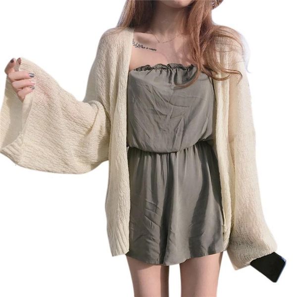 

summer knitted cardigan shirt sunscreen women blouses casual femme, White