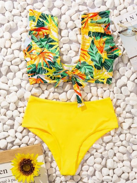 

random tropical print ruffle bikini swimsuit d2t9#, White;black