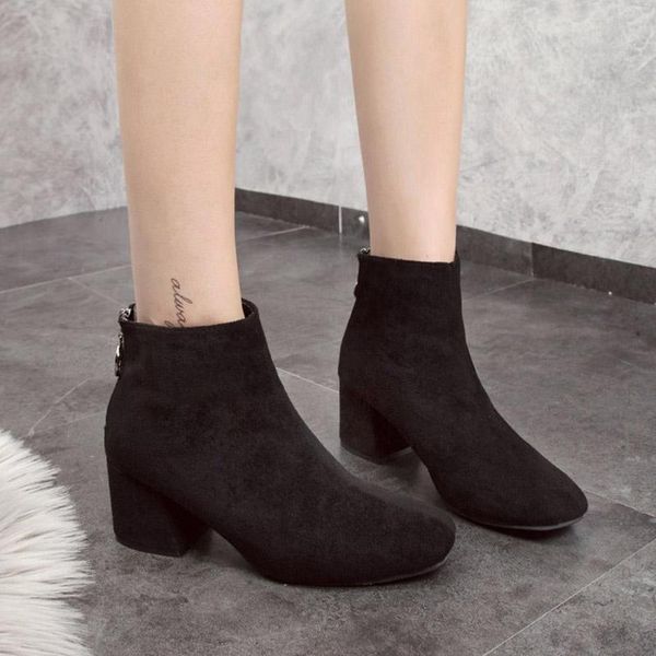 

women winter boots fashion square toe high heel ankle boots women shoes casual ladies shoes woman suede leather black