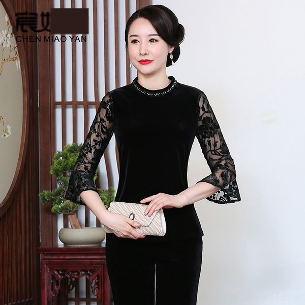 

9z1yy chen тонкий футболка с длинным рукавом новые осенние женщин кружева стоять топ nationalitylace nationalitycollar национальный стиль mi, White