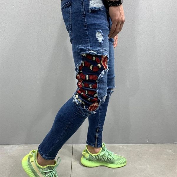 

blue denim snake patched streetwear mens denim jeans 201111
