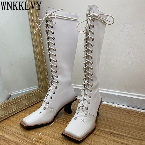 

boots runway square toe knee high women rivet cross-tied chunky mid heel long booties autumn handsome knight female 2021, Black