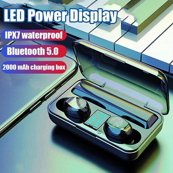 

f9 tws earphones bt 5.0 wireless mini sports earbuds hifi sound headset hd call noise reduction headphones led digital power dis