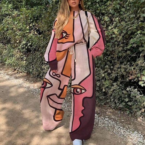 

pink face eyes hip hop thin sweatshirt pants suit 2 piece set women tracksuit new autumn loose casual girls plus size, Gray