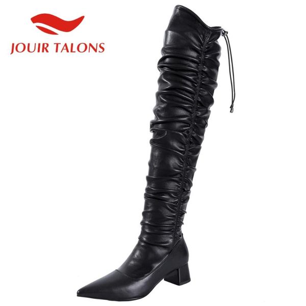 

boots jouir talons big size 39 cow leather pleated pointed toe over-the-knee elastic band autumn woman shoes, Black