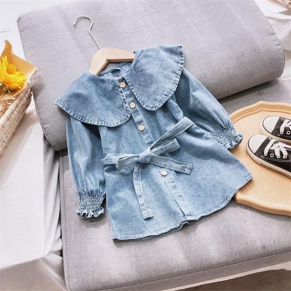 

wholesale 2021 spring new kids dresses for girls denim long sleeve dress belt lapel e8987, Red;yellow