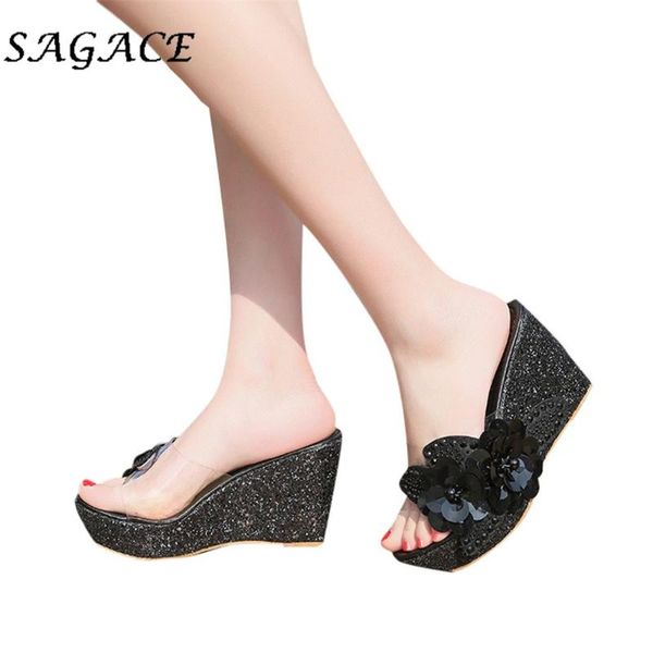 

dress shoes sagace slippers pvc ladies sandals wedge pumps high heel open toe rubber beach 2021 summer sequins, Black