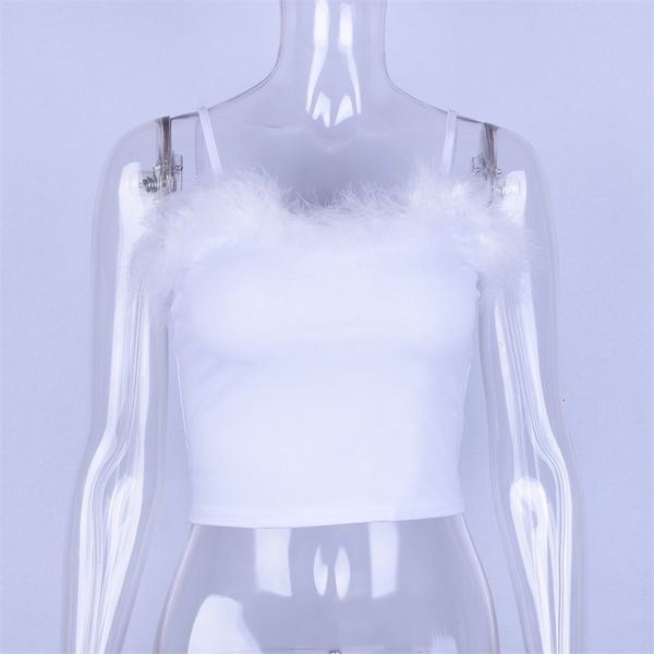 

2021 new singiny women will see skinny y2k backless low-v-short belt solid fluff vest style e559, White