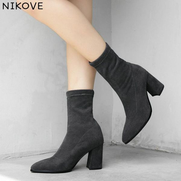

boots nikove 2021 women ankle fashion shoes square high heel pointed toe winter black red size 34-42