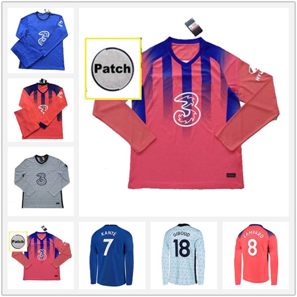 

20 21 giroud kante long sleeve mens soccer jerseys havertz kovacic pulisic home away 3rd football shirts morata jorginho suit uniforms, Black