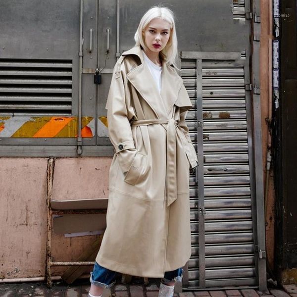 

streetwear stye autumn winter new fashion faux leathe women long trench full sleeve pu female coats gx1219 drop shipping1, Tan;black