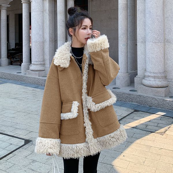 

lambswool short women's wool coats thicken warm ladies winter clothes lapel coat mujer zhwe, Black