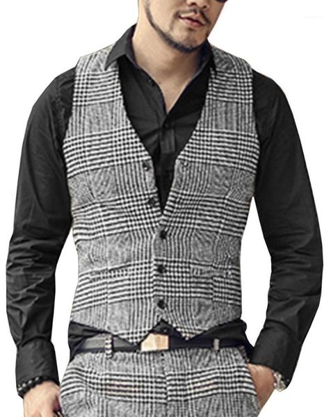 

mens suit vest v neck plaid wool waistcoat casual formal single-breasted business groomman for wedding brown/grey1, Black;white