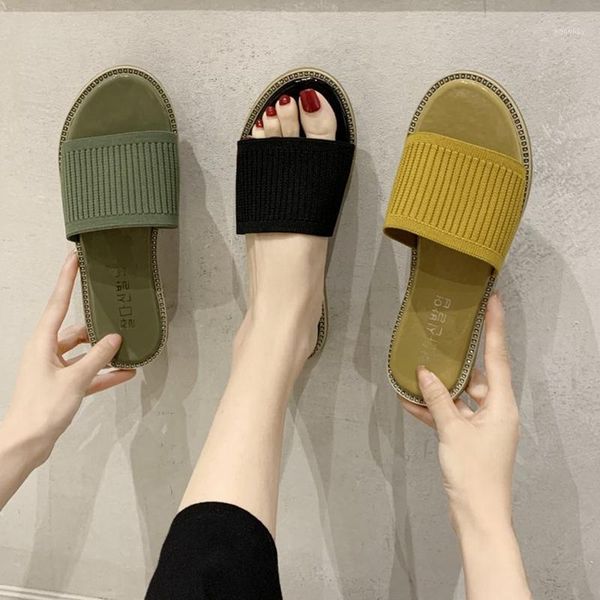 

slippers candy colors knit flat women stretch fabric slides summer outdoor breathable open toe sandals 20211, Black
