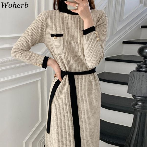 

casual dresses woherb korean chic dress for women turtleneck contrasnt color knitting vintage vestidos spring autumn 2021 elegant long, Black;gray