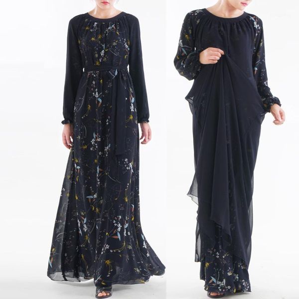 

2020 islamic women's floral abaya long sleeve reversible chiffon dress muslim women clothing1, Red