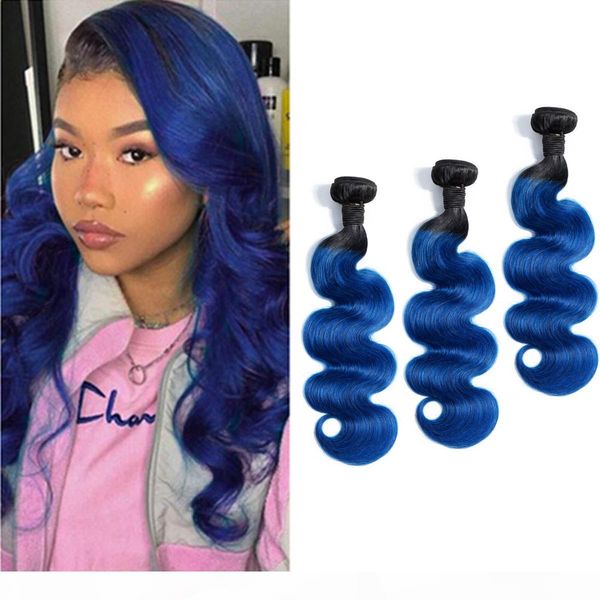 

malaysian human hair 1b blue ombre virgin hair 3 bundles body wave 1b blue hair extensions 12-28inch, Black