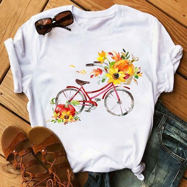 

short sleeve white t shirts new funny bicycle with flower women tshirt summer harajuku cartoon casual woman tee