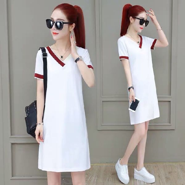 

2020 new summer large medium length skirt long skirt dress ins slim short sleeve casual sports foreign style v-neck dress for women 1p9mu 1p, Black;gray