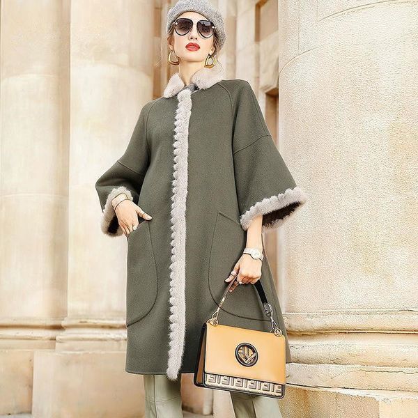 

women winter thick loose mid-length woolen coat imitation collar female stitching luxury red gray coat1, Black