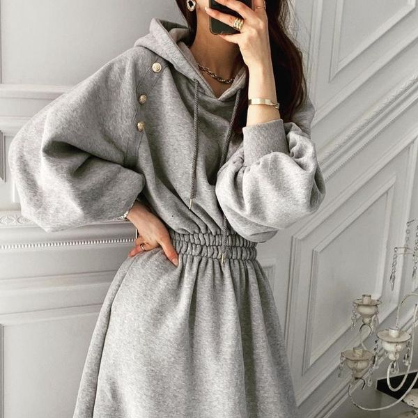 

loose casual lantern sleeve dress elastic waist women hooded pullover a-line dresses mid-long vestidos 2021 spring femme robe, Black;gray