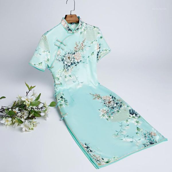 

ethnic clothing elegant flower mandarin collar cheongsam banquet dress women print silk chinese slim qipao1, Red