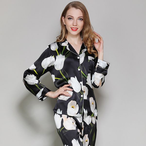 

flower green lily 100% pajama sets of women long-sleeve noble flowers silk pyjamas xwsy, Black;brown