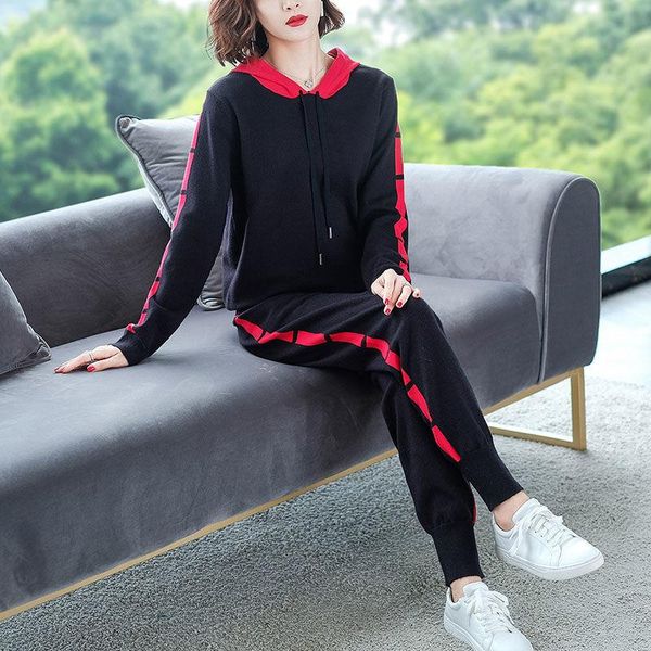 

women's tracksuits 2021 spring autumn hooded color matching sweater pullover + pants set casual knitted jackets for women suits y234, Gray