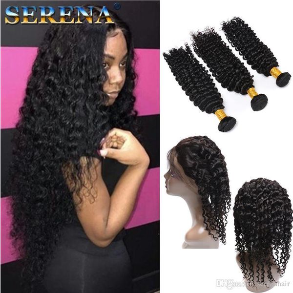

7a 360 lace frontal with bundle deep curly wave brazilian virgin hair with closure 360 lace frontal closure with bundles weave, Black;brown