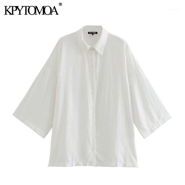 

kpytomoa women 2020 fashion oversized button-up blouses vintage lapel collar three quarter sleeve loose female shirts chic 1, White