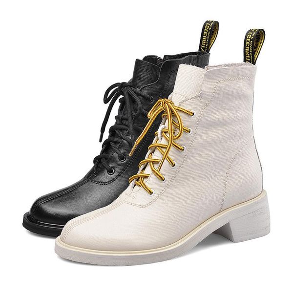 

martin boots autumn / winter 2020 new thick medium heel short boots round head lace up casual women's shoes, Black