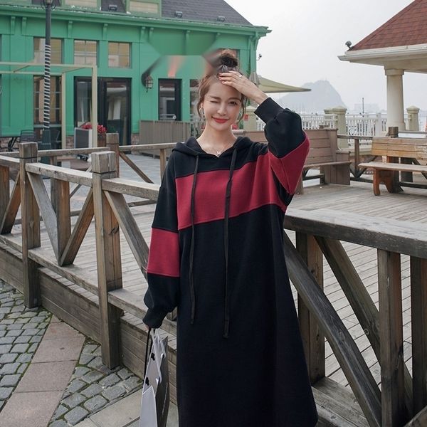 

he0fo korean loose bf languid color mid contrast dress hooded dresssweater dress sweater women's scxal 2020 long fall, Black;gray