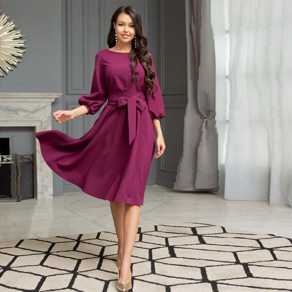 

women sleeveless vintage sashes a line party dress three quarter sleeve o neck solid elegant casual dress 2021 summer new fashion dress, Black;gray