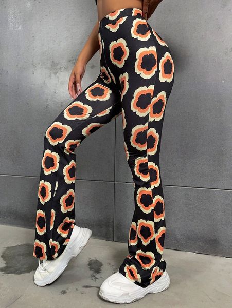 

floral print flare leg pants s2ph#, Black;white
