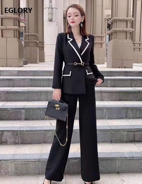 

blazer sets 2021 spring fashion style women notched collar striped patchwork long sleeve blazer coat+wide leg long pant sets 2pc, White