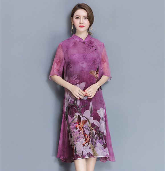 

2021 new vintage qipao floral turtleneck spring summer half thin chiffon dressed plus size wxf627 62sa, Black;gray