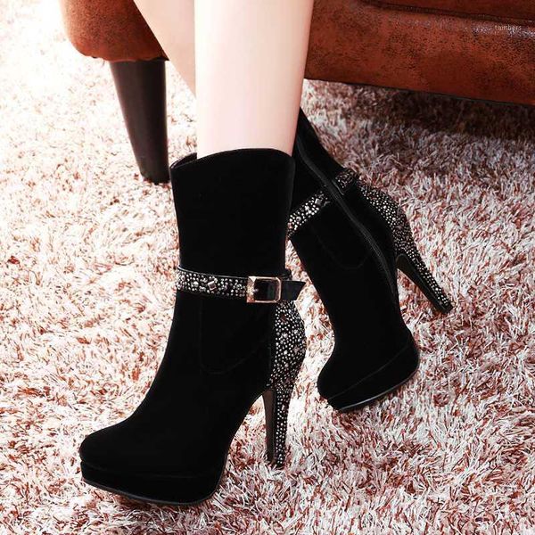 

suede high heel rhinestone women's boots 2021 new autumn winter thin high heels round toe zipper ankle women's boots 40 411, Black